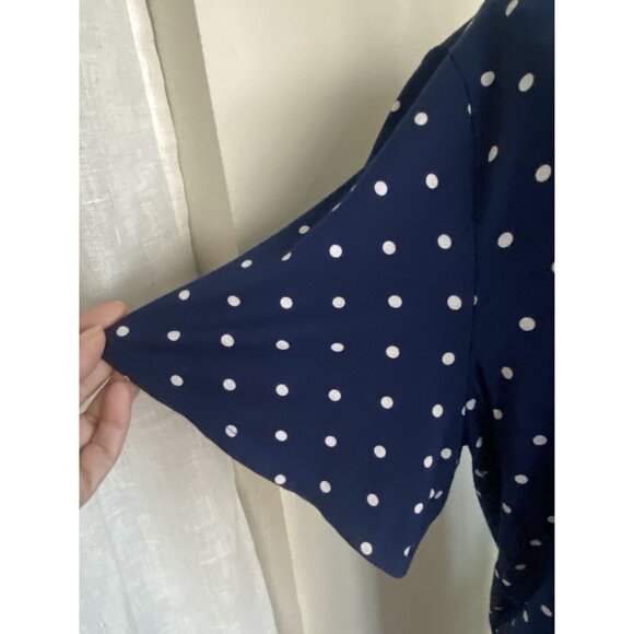 TALBOTS Navy Blue White Polka Dots Short Sleeve Bottom Hem Tie Top XL - Picture 3 of 9